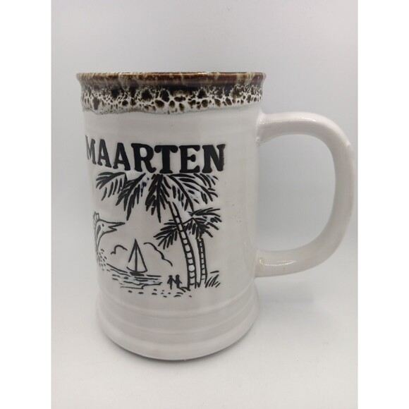 St. Maarten Coffee Mug Cup White Black Town Hall Steel Band Fish Japan Vintage - Picture 2 of 11